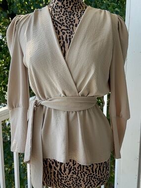 Boohoo Beige Wrap Blouse with Waist Tie
